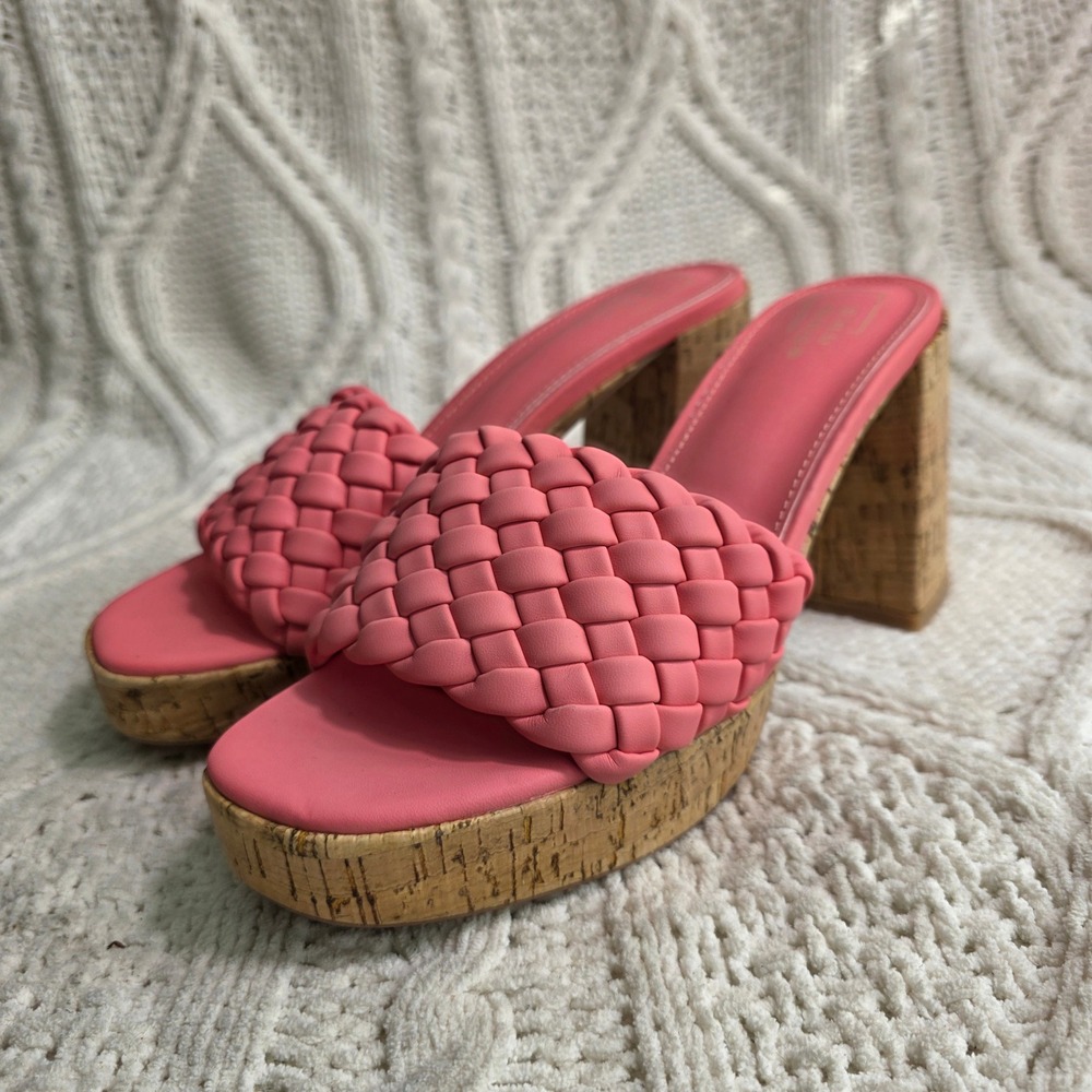 SHU SHOP Platform Sandals Coral Bright Pink Woven Cork Block Heel Womens 9 NEW